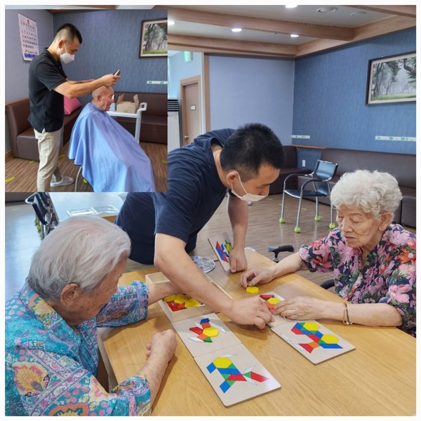 [어르신들에게 봉사하고 있는 황인복 대표 = 김영통 기자 제공]