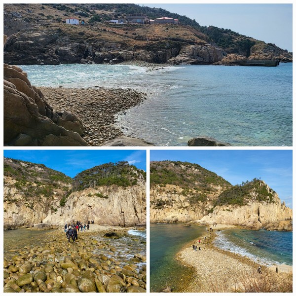 [열못개(몽돌길) 바닷길이 열리기 전과 열린 후의 모습 = 김영통 제공]