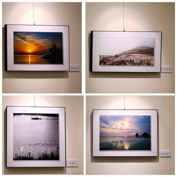 [좌측 상단부터 원용걸 작가,  정태진 작가, 정의권 작가(회장), 윤미자 작가 작품 = 김영통 칼럼니스트 제공]